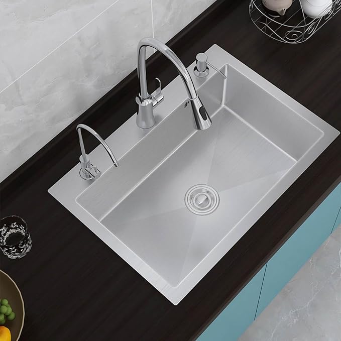 Single bowl stainless steel sink, built-in kitchen sink, practical sink, 20cm deep tank body, with pull-out faucet brushed process, easy to clean, suitable for kitchen and restaurant ( Size : 75*45*21