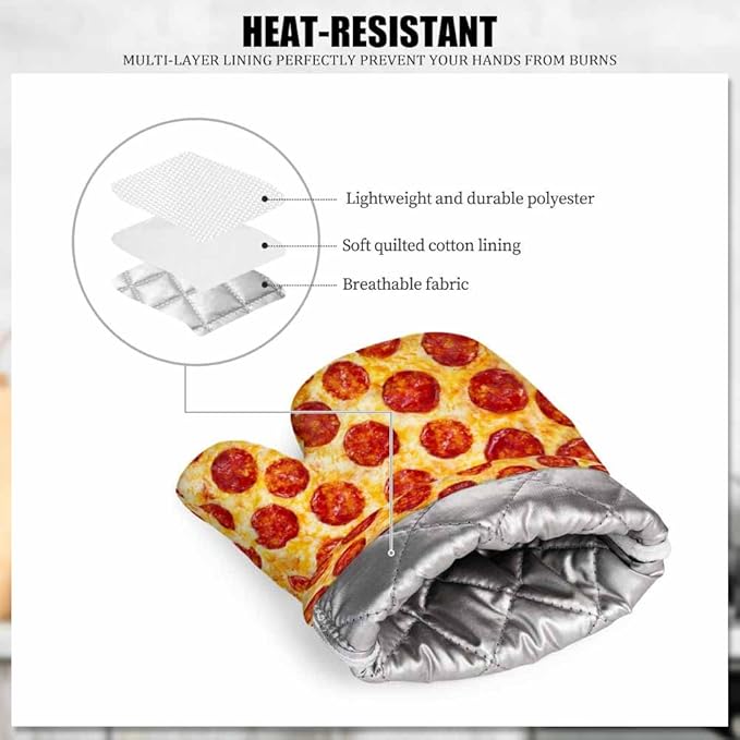Mxocom Pepperoni Pizza Heat-Resistant Oven Mitts and Pot Holder a Seamless Food Texture Kitchen Non-Slip Cooking Microwave Gloves for Cooking Baking Grilling