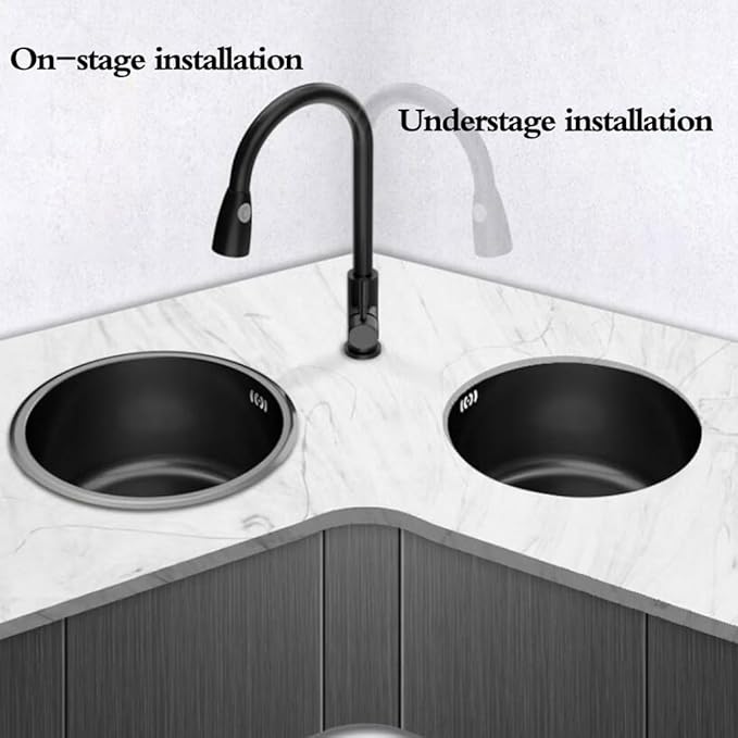 Single Bowl Home Commercial Restaurant Dishwasher Basin Small Size Bar Sink Stainless Steel Round Sink with Faucet Kitchen Sink (Black 32 * 32cm)