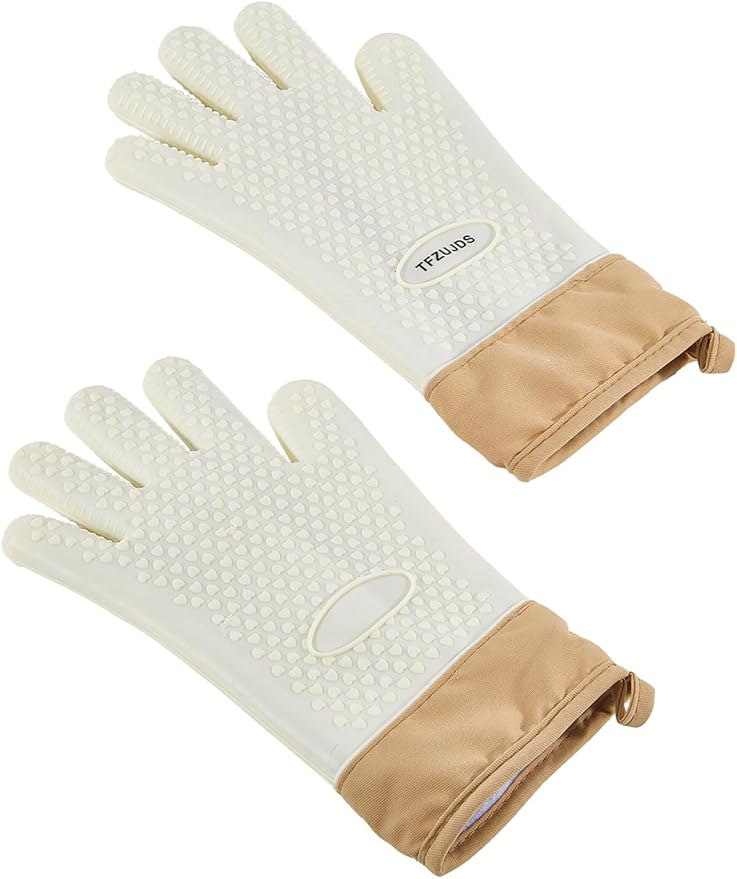 Silicone Oven Mitts with Five-Finger Design, Extended Cuff & Soft Cotton Lining – Heat Resistant, Waterproof, Non-Slip Oven Gloves for Baking, Cooking, Safe Grip on Hot Cookware - White - Extra Large