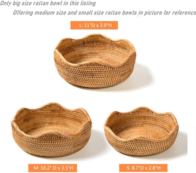 Handmade Rattan Round Fruit Basket Food Storage Bowls Kitchen Organizer Snack Serving Bowl, 11 Inch Boho Wicker Bread Bowl Woven Basket Décor for Nuts with 3”Side and Wavy Edge (Large 11")