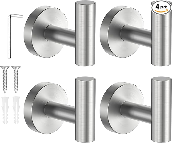 SetSail Towel Hooks for Bathrooms Screw-in 4 Packs Brushed Nickel Bathroom Towel Hook Wall Mounted Stainless Steel Shower Towel Hooks for Coat Hanging, Drill Hole