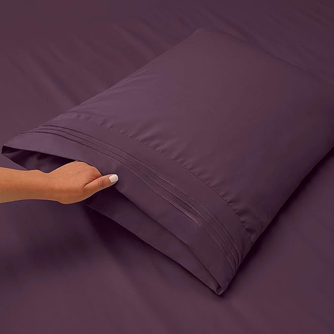 Lamma Loe Silky Soft Luxurious Supreme Microfiber 4-Piece Sheet Set with Embroidered Pillow Cases, Full, Eggplant Purple