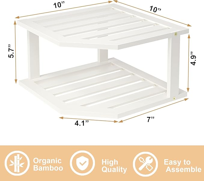 VERTORGAN Bamboo Corner Shelf(3 Pack),2 Tier Plate Organizer for Cabinet and Countertop,Pantry Dish and Spice Rack for Kitchen(White)