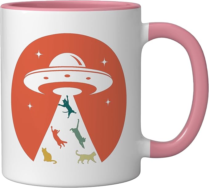 Cat UFO Funny Cat humor Kitten Owner UFO lover flying saucer Ceramic Mug, Pink/White