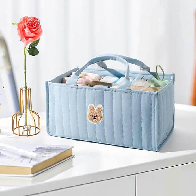 Quilted Fabric Storage Basket Floral Baby Diaper Caddy Quilted Basket for Nursery Bedroom Car Storage (L- Blue Bear)