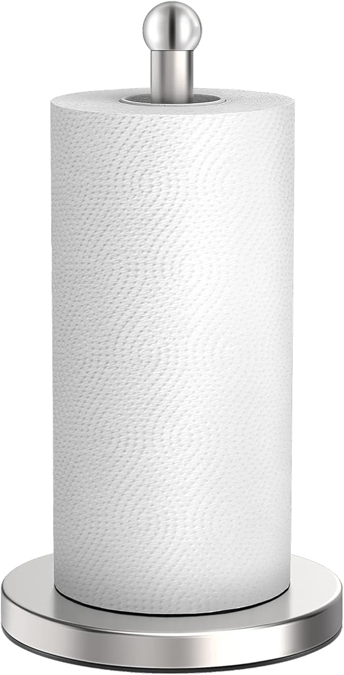 DAWNER Paper Towel Holder Freestanding, Weighted Base with Suction Cups, Easy One-Handed Tear Stainless Steel Brushed Nickel Paper Towel Stand for Kitchen Bathroom Countertop