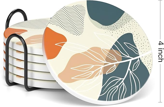 Nipichsha Coasters for Drinks, Set of 6 Cute Absorbent Ceramic Drink Coasters for Cup with Holder and Cork Base, Kitchen Home Decor Housewarming Gift, Round 4 in, Abstract Boho Leaf