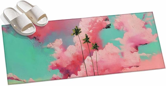 Runner Rug for Bedroom Hallway, Summer Dreamy Pink Cloud Kitchen Runner Rugs Area Rug 2x6ft, Watercolor Tropical Palm Tree Washable Soft Floor Carpet for Entryway Stair