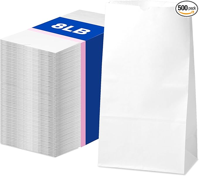 Fit Meal Prep 500 Pack 8 lb White Paper Lunch Bags, 12.4 x 6 x 4" Premium White Paper Bags Bulk for Small Business, Recyclable Snack Sacks, Durable Grocery Bag for Food Storage, Packing