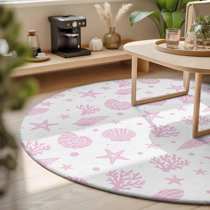 Washable Round Area Rug Pink Ocean Shell Conch Coral Starfish Circle Rugs Floor Carpet for Living Room Bedroom, Summer Marine Theme Soft Non Slip Round Rug 3ft