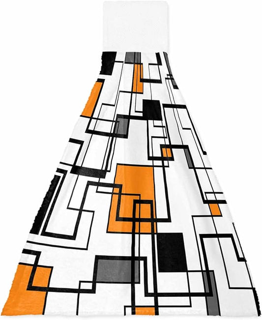 Alandar Home Kitchen Tie Towel Set of 1, Orange Black Geometric Lines Art Absorbent Soft Hand Towels for Bathroom Hanging Towels, Abstract Color Block Fast Drying Cleaning Cloth with Loop