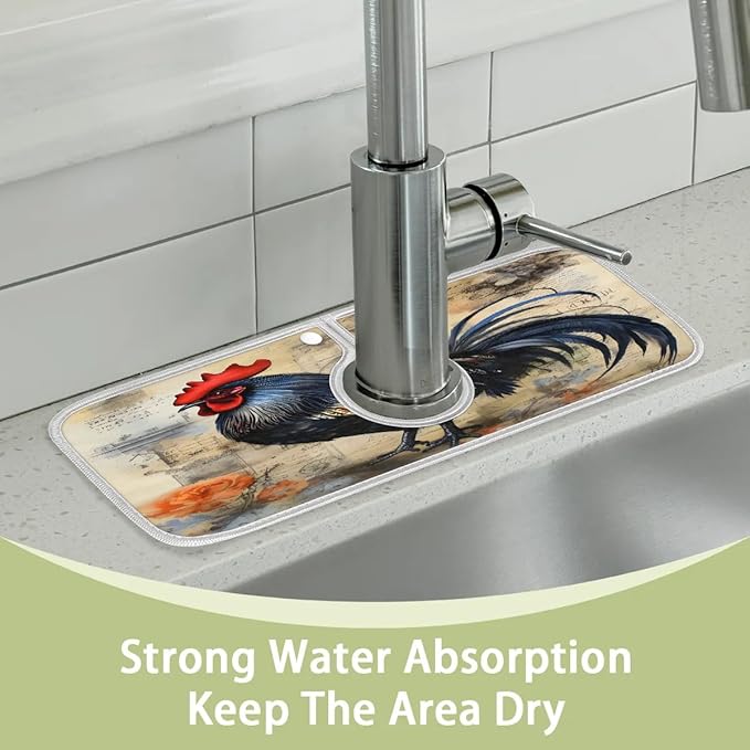 Rooster Watercolor Flowers Kitchen Sink Splash Guard Absorbent Fast Drying Mat Sink Gadgets Washable Sink Matt for Kitchen Faucet Splash Guard