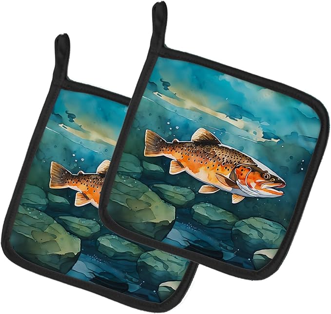 Caroline's Treasures Brown Trout Pair of Pot Holders Kitchen Heat Resistant Pot Holders Sets Oven Hot Pads for Cooking Baking BBQ, 7 1/2 x 7 1/2
