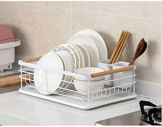 Kitchen Dish Drainer Metal Wire Cutlery Holder Drying Plate Rack Drip Tray Sink
