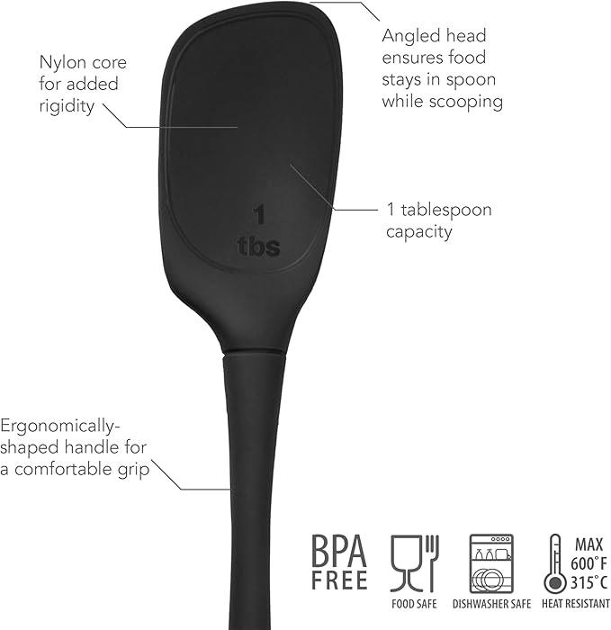 Tovolo Flex Core Silicone Deep Spoonula with Angled Head for Stirring Scooping and Serving, Dishwasher Safe BPA Free Heat Resistant Spoon Spatula Kitchen Utensil for Cooking Baking, Black