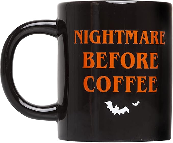 Pearhead Nightmare Before Coffee Ceramic Mug – Large 16oz Black Double-Sided Halloween Cup, Fun Fall Tea and Coffee Drinkware, Seasonal Kitchen Accessory and Novelty Gift Idea