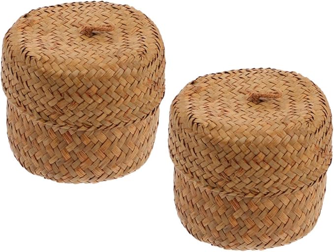 4pcs Hand Woven Seagrass Storage Baskets Lid Rustic Decorative Bins for Organizing Home Kitchen Party Supplies Lightweight Reusable Miniature Containers Yellow