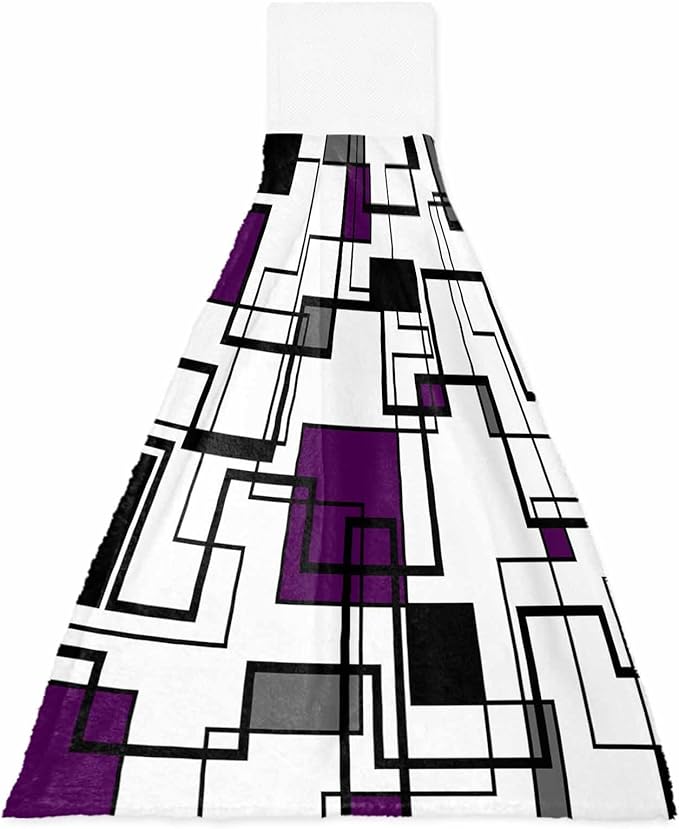 Alandar Home Kitchen Tie Towel Set of 1, Abstract Geometric Lines Art Absorbent Soft Hand Towels for Bathroom Hanging Towels, Purple Black Color Block Fast Drying Cleaning Cloth with Loop
