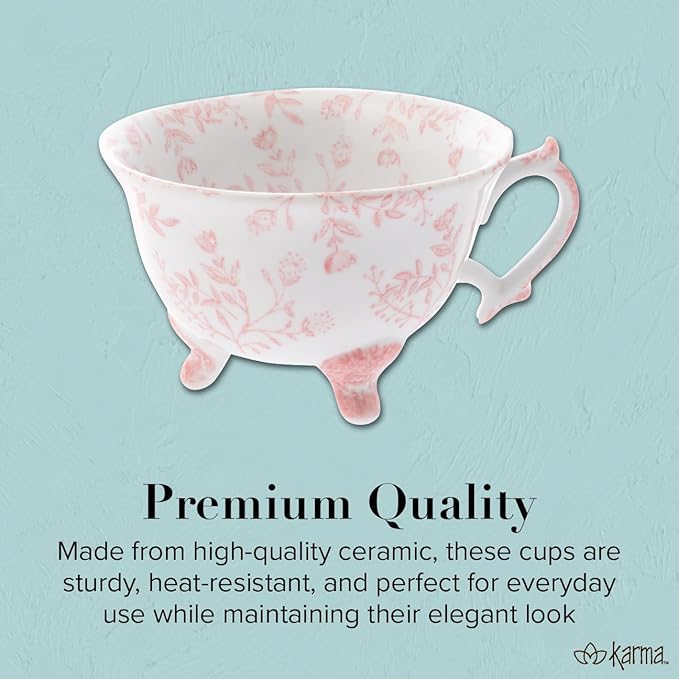 Karma, 8 oz Hand Painted Ceramic Tea Cup - Floral Cups for Tea and Coffee - Ceramic Coffee Mugs for Women and Men, Blue