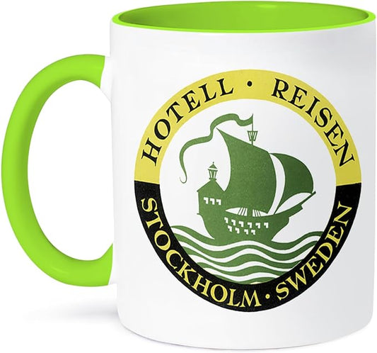 3dRose Vintage hotell Reisen Stockholm Sweden Luggage Label 11oz Two-Tone Green Mug