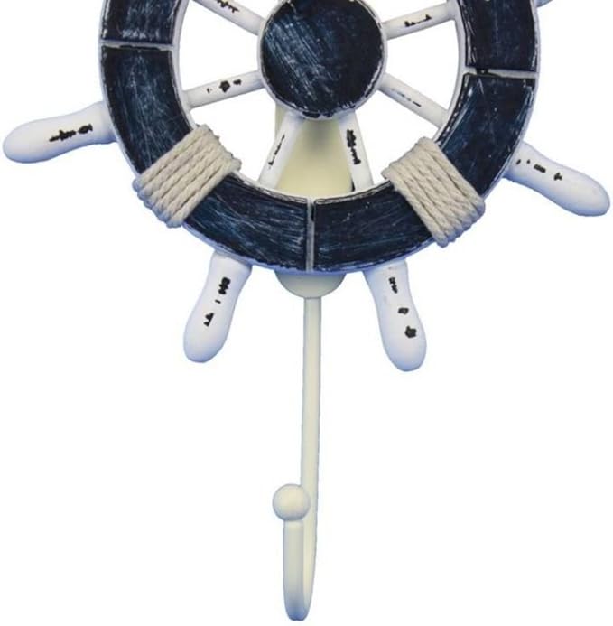 Hampton Nautical Wheel-6-108 Rustic Decorative Ship Wheel with Hook, 6", Dark Blue/White