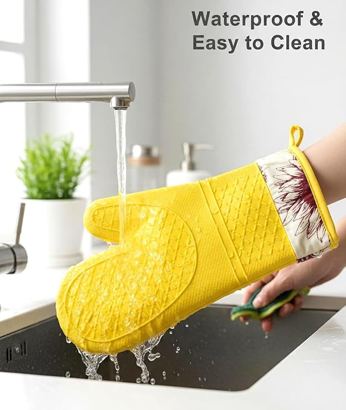 Pair of 2 Heat-Resistant Silicone Oven Mitts – Extra Long, Non-Slip Grip, Soft Cotton Lining, Perfect for Baking, Cooking & BBQ – 13” x 7” Kitchen Gloves (Sun Flower)