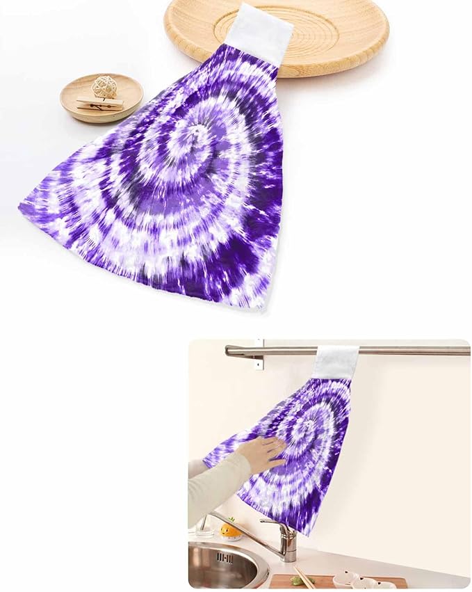 Alandar Home Kitchen Tie Towel Set of 2, Purple White Spiral Tie Dye Art Absorbent Soft Hand Towels for Bathroom Hanging Towels, Ethnic Hippie Pattern Fast Drying Cleaning Cloth with Loop