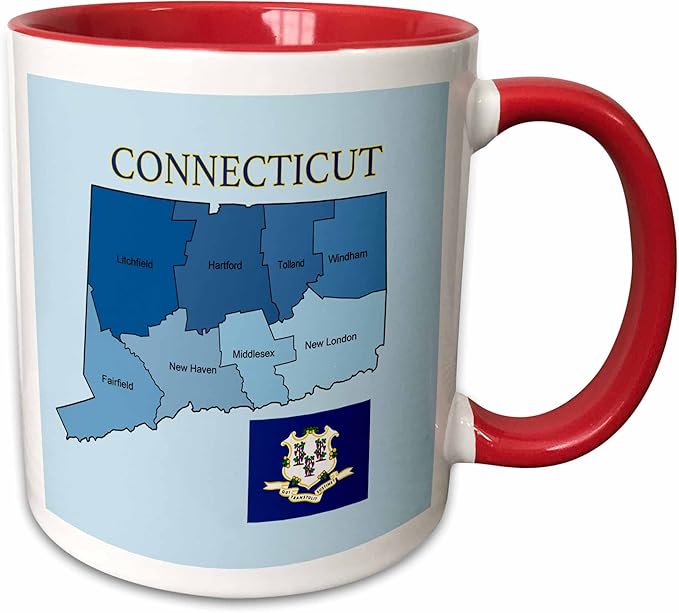 3dRose Flag and map of the state of Connecticut with counties labeled 11oz Two-Tone Red Mug