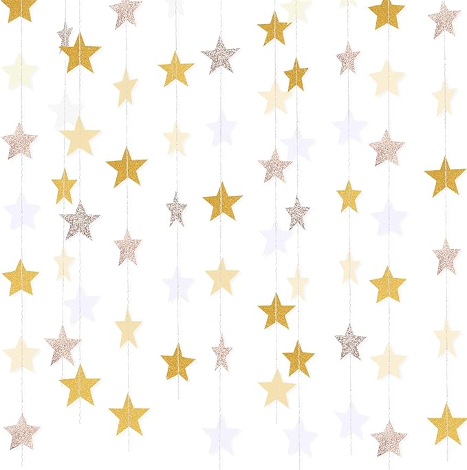 Patelai 130 Feet Glitter Star Garland Banner 2026 Party Decoration Double Side Star Hanging String Streamer Paper Twinkle for Graduation Wedding Birthday (Glitter Gold and Champagne Gold,White)