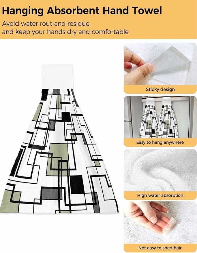 Alandar Home Kitchen Tie Towel Set of 2, Abstract Geometric Lines Art Absorbent Soft Hand Towels for Bathroom Hanging Towels, Green Black Color Block Fast Drying Cleaning Cloth with Loop