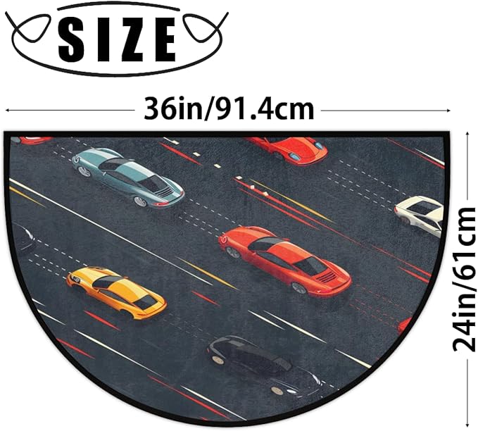 Modern Car Half-Round Door Mat | Indoor Entrance Half-Moon Rug | Low-Pile | Area Rug, Non-Slip, Absorbent Semi-Circle Welcome Mats for Kitchen, Patio, and Home Decor | 36x24 Inches
