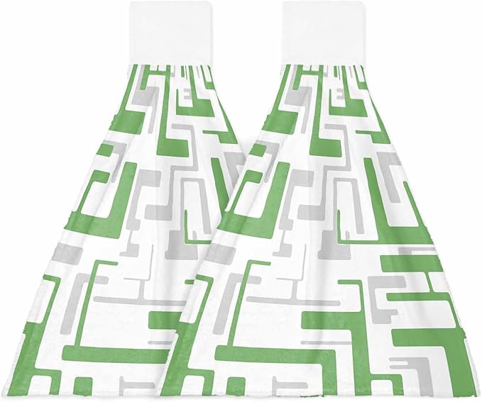 Alandar Home Kitchen Tie Towel Set of 2, Green Gray Stripes on White Absorbent Soft Hand Towels for Bathroom Hanging Towels, Modern Geometric Texture Fast Drying Cleaning Cloth with Loop