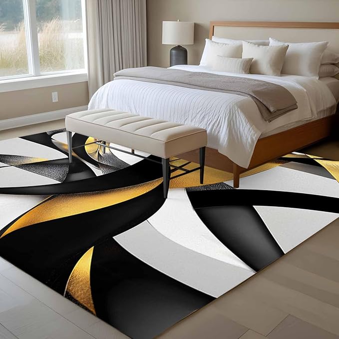 Area Rug 6x9ft, Modern Geometric Stripe Texture Washable Rugs for Living Room Bedroom, Abstract Gold Black White Line Soft Non-Slip Area Rugs Rectangle Floor Carpet for Dining Room