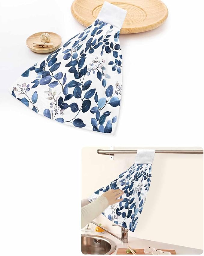 Alandar Home Kitchen Tie Towel Set of 2, Pastoral Eucalyptus Leaves Absorbent Soft Hand Towels for Bathroom Hanging Towels, Navy Blue Botanical On White Fast Drying Cleaning Cloth with Loop