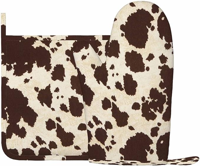 Mxocom Brwon Cowhide Oven Mitts and Pot Holders Sets Cow Skin Vintage Big Cow Bull Fur Animal Silicone Heat Resistant Kitchen Oven Gloves Pot Holder for Cooking