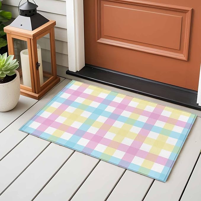 Area Rug 2x3ft, Spring Easter Colorful Lattice Washable Rugs for Living Room Bedroom, Minimalist Buffalo Checker Soft Non-Slip Area Rugs Rectangle Floor Carpet for Dining Room