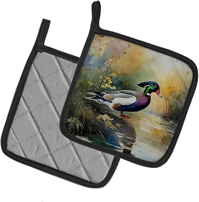 Caroline's Treasures Wood Duck Pair of Pot Holders Kitchen Heat Resistant Pot Holders Sets Oven Hot Pads for Cooking Baking BBQ, 7 1/2 x 7 1/2