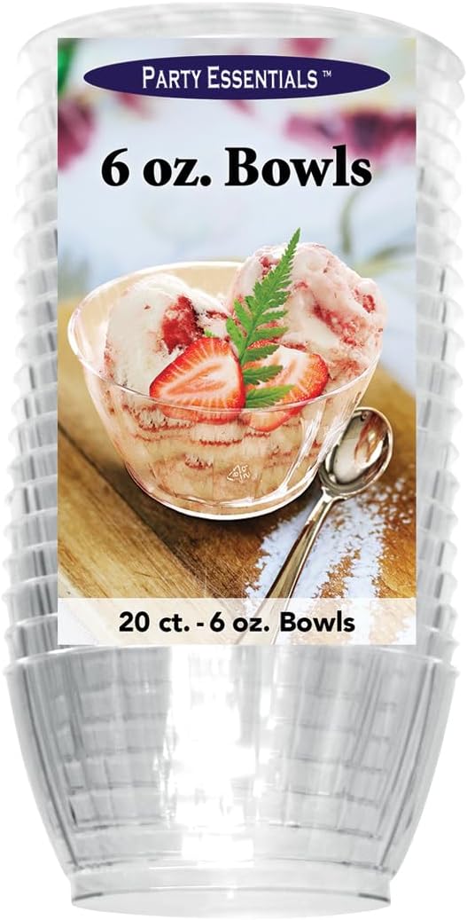 Party Essentials Deluxe/Elegance Quality Plastic 6-Ounce Fruit/Nut/Dessert Bowls, Clear, 20 Count