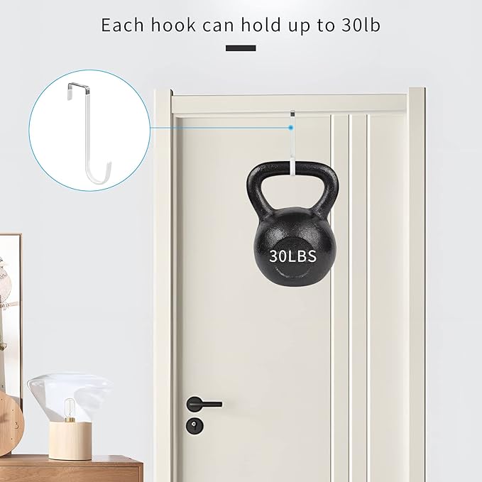 FYY Over the Door Hooks, 4 Pack Upgraded Long Door Hangers Hooks with Rubber Prevent Scratches Heavy Duty Organizer Hooks for Hanging Clothes, Towels, Hats, Coats, Bags White