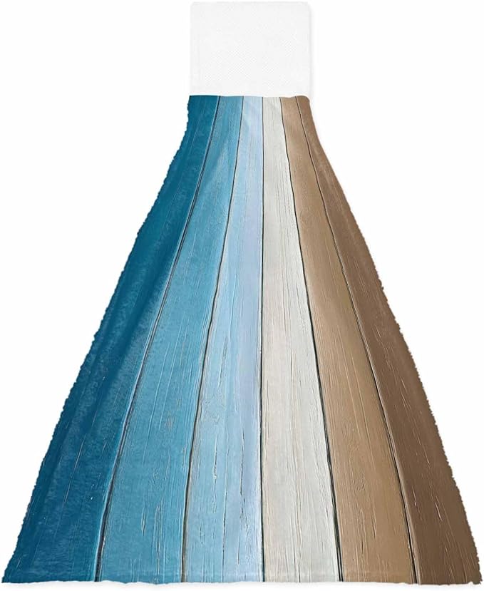 Alandar Home Kitchen Tie Towel Set of 1, Farm Blue Gradient Wood Board Absorbent Soft Hand Towels for Bathroom Hanging Towels, Vintage Brown Wood Grain Fast Drying Cleaning Cloth with Loop