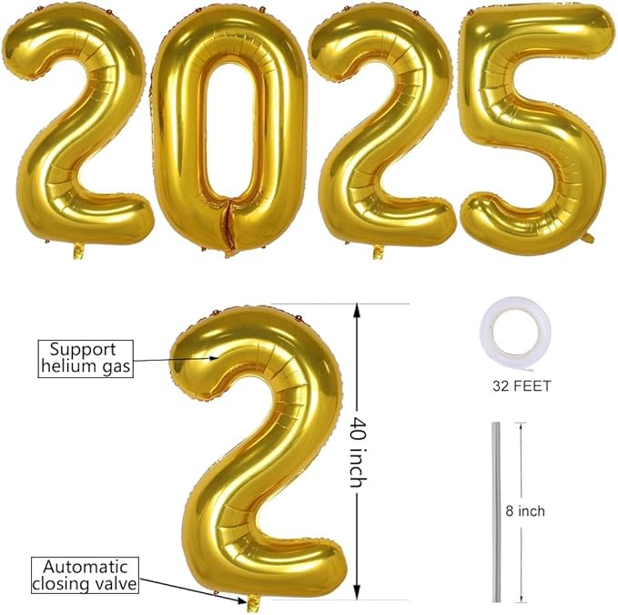 Huge Gold 2025 New Year Balloons 40 Inch 2025 Gold Mylar Foil Helium Number Balloons 2025 Christmas New Year Eve Graduation Party Decorations Supplies