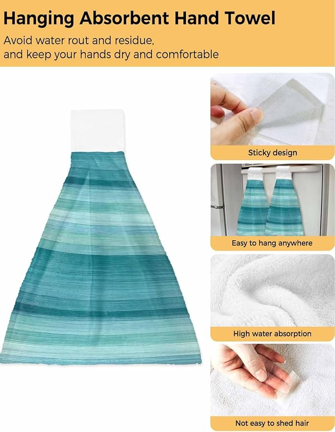 Alandar Home Kitchen Tie Towel Set of 1, Modern Cyan Green Gradient Stripes Absorbent Soft Hand Towels for Bathroom Hanging Towels, Abstract Lines Fast Drying Cleaning Cloth with Loop