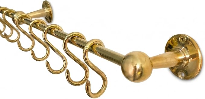 Unlacquered Solid Brass Pot Rail with S Hooks – Wall Mounted Pot Rack Rod for Pots & Pans, Kitchen Organizer, Vintage Brass Hanging Rail (32 inch (8 S-Hooks))