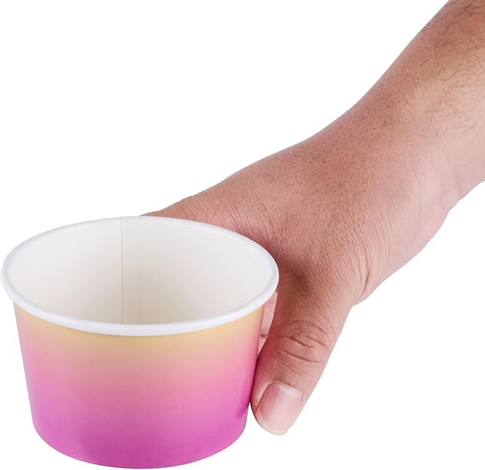 Restaurantware Paper Cups 200 Count 8 Ounce Square Disposable Ice Cream Containers, Leak-Resistant Paper Dessert To Go Cups, Hot And Cold Food, Durable Purple and Yellow Ombre Design