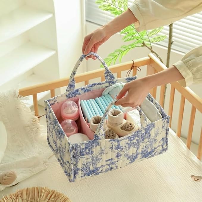 Quilted Fabric Storage Basket Floral Baby Diaper Caddy Quilted Basket Organizer for Newborn Nursery Bedroom Car Storage