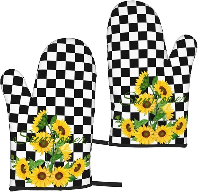 Sunflower Oven Mitts of 2-Pack Set, Funny Kitchen Gloves Heat Resistant Non-Slip Kitchen Mitts Safe Cooking Baking Grilling