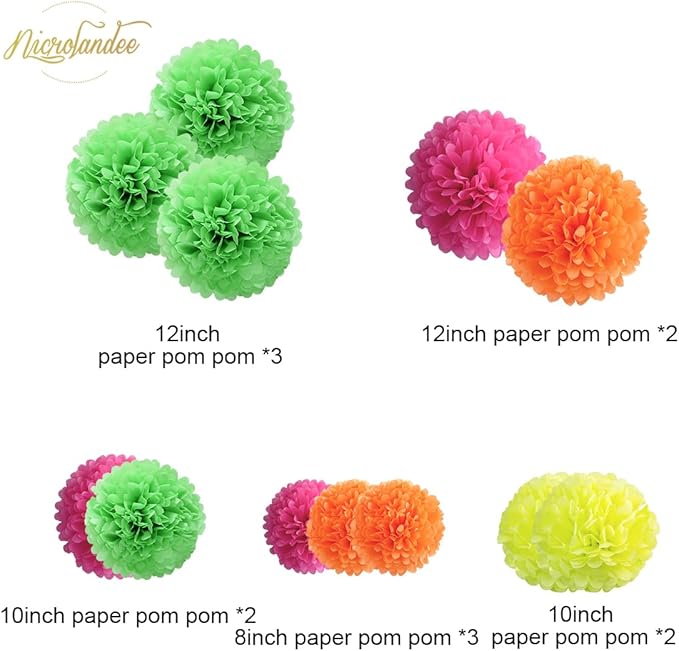 NICROLANDEE Blacklight Party Decorations - 12 PCS Fluorescent Neon Tissue Paper Pom Poms for Birthday, Wedding, Baby Shower, Glow-in-The-Dark, Neon, Prom Dance Party Photography