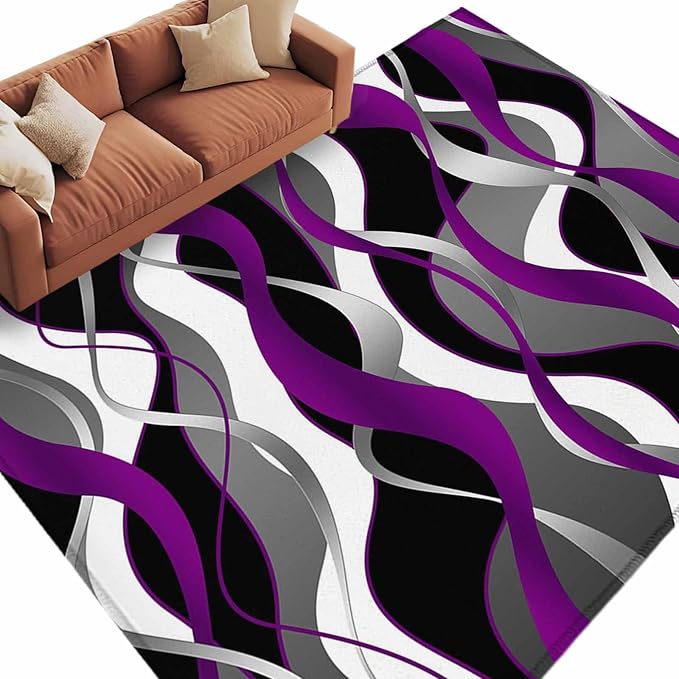 Area Rug 6x9ft, Abstract Purple Gray Black White Stripes Washable Rugs for Living Room Bedroom, Modern Lines Soft Non-Slip Area Rugs Rectangle Floor Carpet for Dining Room