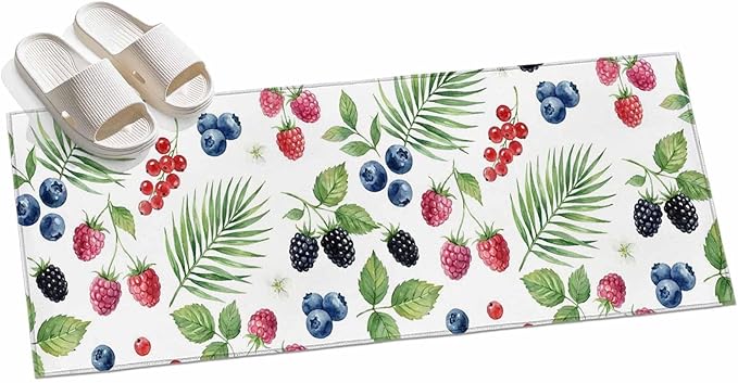 Runner Rug for Bedroom Hallway, Farm Fruit Berry Cherry Blueberry Kitchen Runner Rugs Area Rug 2x6ft, Watercolor Mulberry Leaves Washable Soft Floor Carpet for Entryway Stair